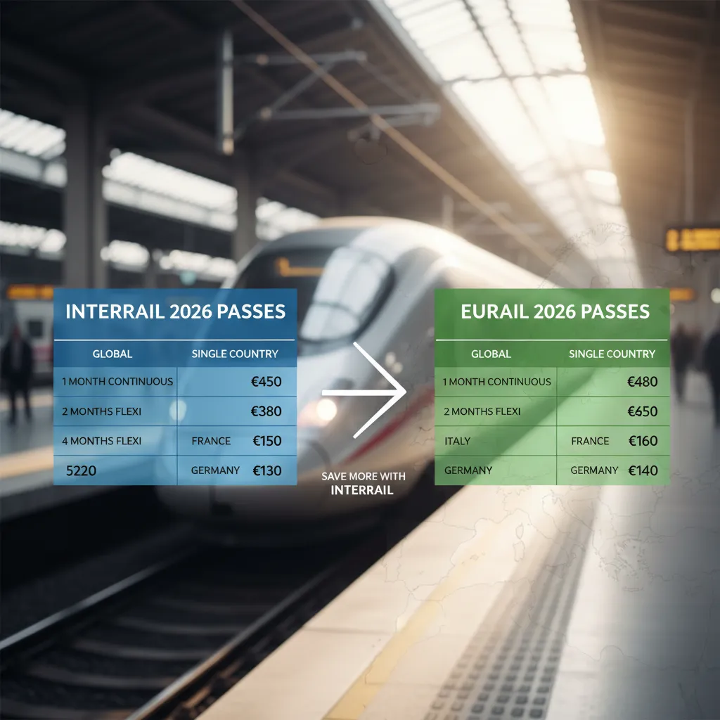 A side-by-side comparison chart of Interrail vs Eurail 2026 pricing for various pass durations.